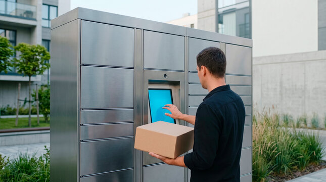 Man using a smart parcel locker terminal to send or receive a package outdoors
