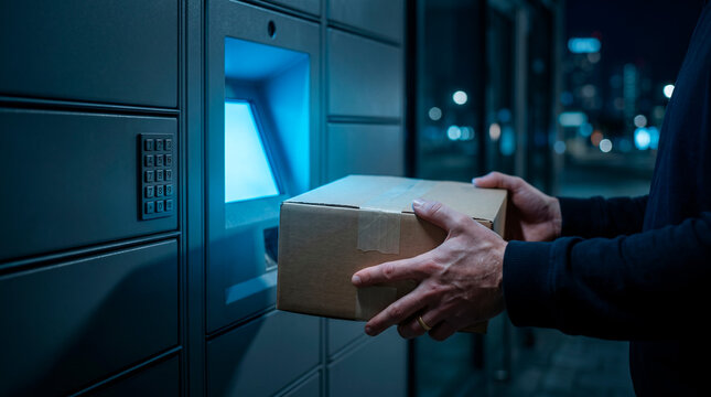 Person placing a package into an automated parcel locker at night