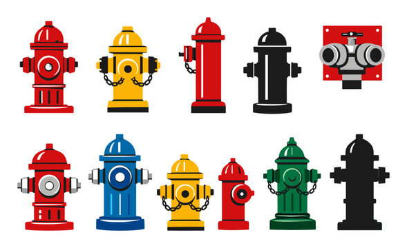 Collection of different fire hydrants and standpipes in red, yellow, blue, green, and black, illustrating emergency equipment