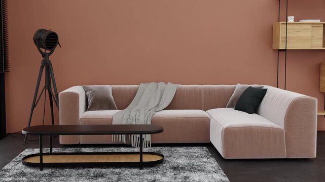 The animation presents a space designed with brown tones. Various objects move and change, highlighting features of the interior. Smooth transitions showcase different areas and layouts