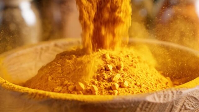 Golden Turmeric Powder Pouring Into Wooden Bowl