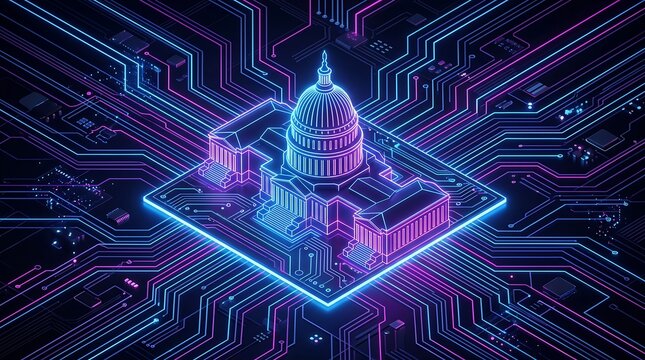 Digital Governance transforming public sector technology with cybersecurity policy and AI integration, a futuristic isometric concept for smart government innovation.