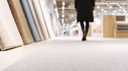 Fototapeta premium Carpet store interior with person walking down aisle
