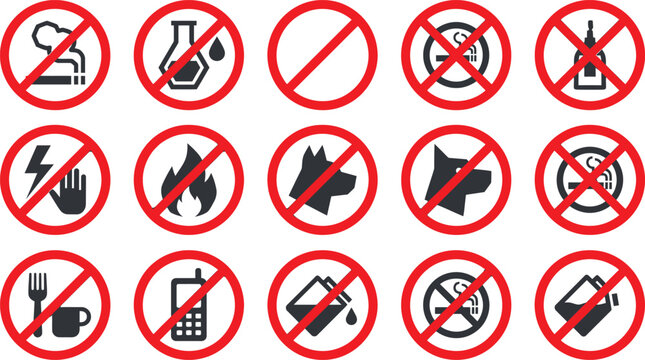 A collection of red circular vector icons featuring various prohibited actions and restricted items designed with clear graphic symbols