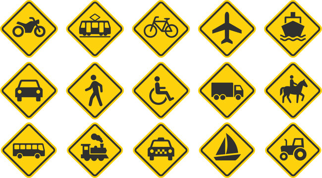 Yellow diamond shaped road traffic signs featuring black silhouette icons of various modes of modern and traditional transportation vector illustration