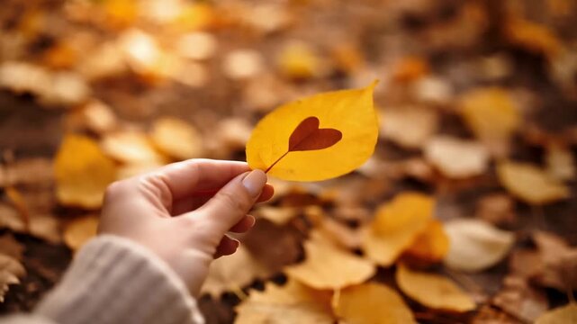 Autumn leaf with a heart shape held in hand over a colorful forest floor covered with fall foliage