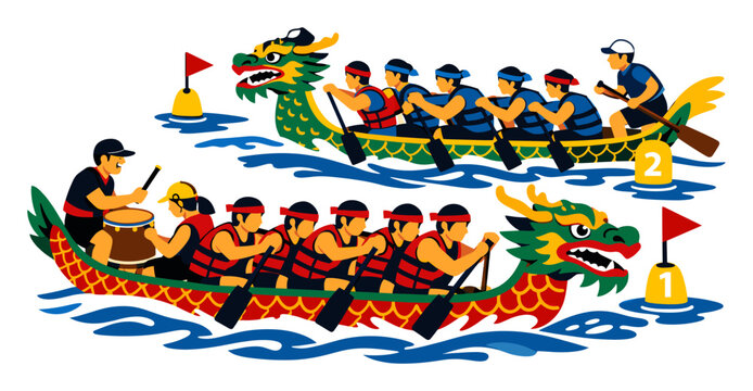 Teams racing dragon boats in a festive competition, paddling fast on water with a drummer leading the rhythm