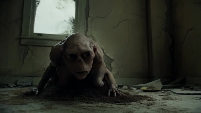 Creepy creature emerging from shadows in abandoned room
