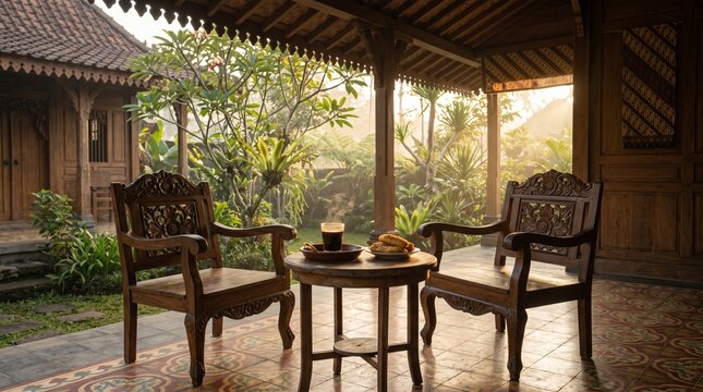 Traditional Javanese House Porch with Carved Wooden Chairs and Coffee in Morning Golden Hour, Peaceful Tropical Garden Backdrop, Indonesian Heritage and Culture Travel Concept