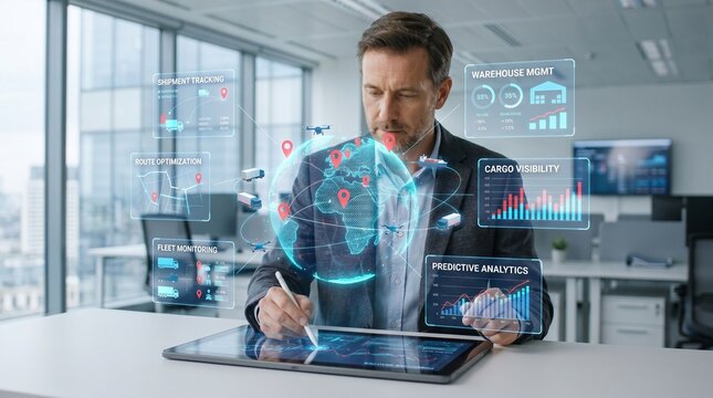 Professional logistics manager using a digital tablet with holographic supply chain management data