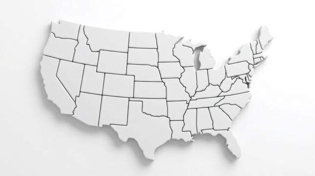 3D Render of United States Map with State Borders on White Background
