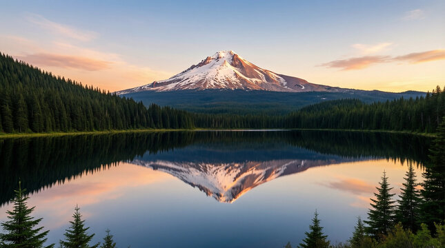 Snow-capped Mount Hood mirrored in calm lake at sunrise with forested shores