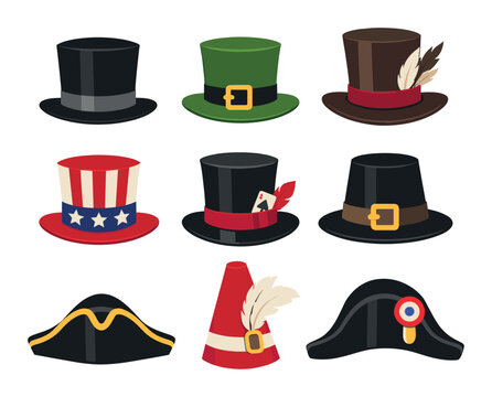 Assorted historical and costume headwear, featuring top hats, a pilgrim hat, a leprechaun hat, and classic bicorne designs on white background