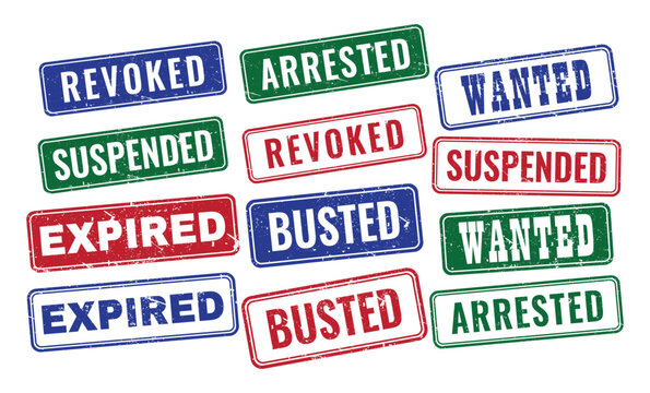 Collection of rectangular rubber stamps with revoked arrested suspended text