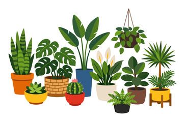 Fototapeta premium Assortment of potted plants creating a green interior garden. Flat illustration of different houseplants