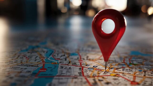 Finding location on a map using a red pin and exploring nearby places at sunset