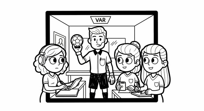 Cartoon instructor teaching kids through educational video call.