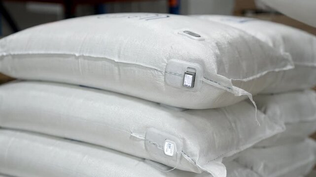 Closeup medium shot of foodgrade sacks equipped with embedded smart tags showcasing hygienic and secure tracking in the food supply chain