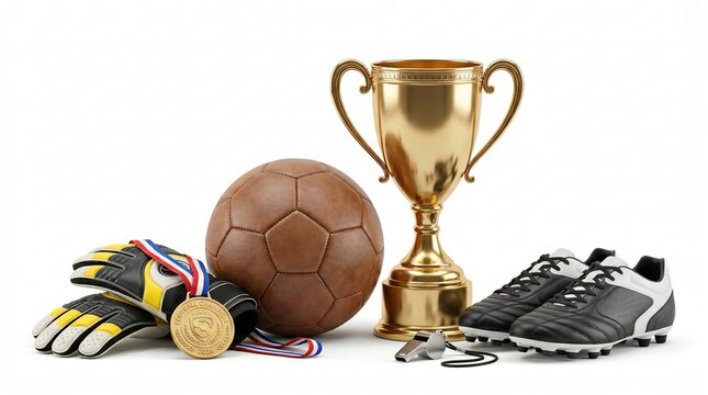 Soccer championship trophy medal ball goalkeeper gloves and cleats on white background