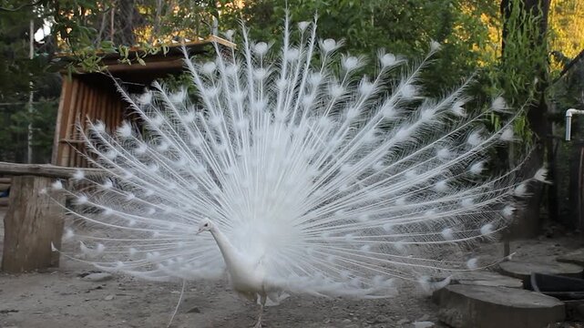 A close-up of a white peacock fluffing its tail