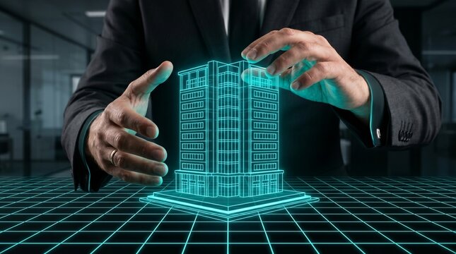 Businessman hands touching holographic building blueprint model for smart city planning
