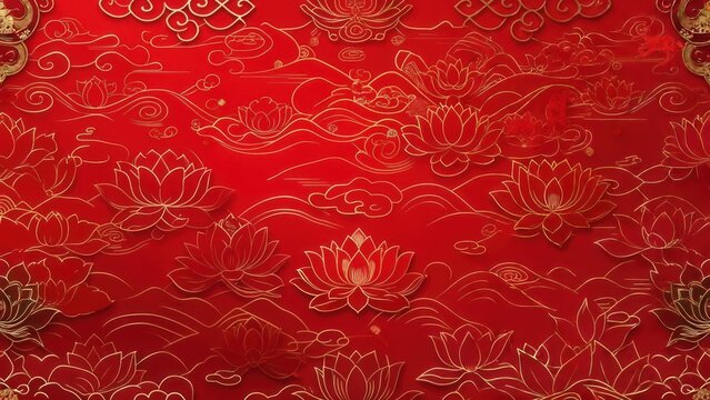 Ornate red background with gold lotus flowers and clouds