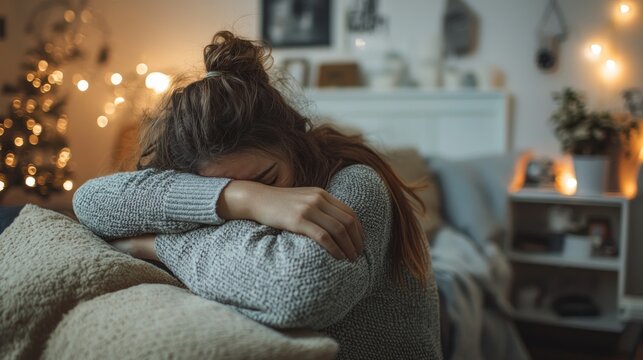 A cozy bedroom with personal mementos scattered around and a person hugging a pillow tightly, feeling homesick