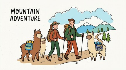 Fototapeta premium Young couple enjoys mountain adventure with llamas on scenic hiking trail - ideal for travel guides, adventure blogs, and outdoor enthusiast posters