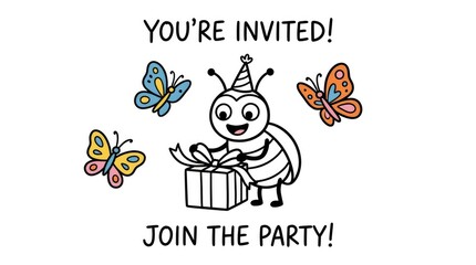 Fototapeta premium Cartoon insect character unwrapping gift with colorful butterflies for party invitation design on white background