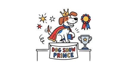 Fototapeta premium Cartoon dog as a cheerful prince with a crown wand and starry background for children's entertainment and fun design