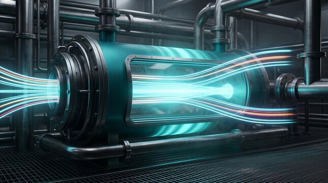Futuristic industrial pipeline system with glowing light trails inside modern factory
