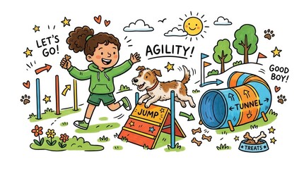 Obraz premium Child and dog practicing agility course outdoors, featuring jump and tunnel obstacles, sunny day, playful illustration for educational materials and animal training guides