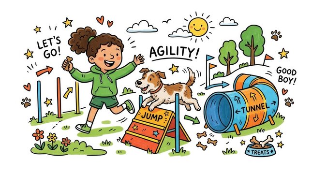 Child and dog practicing agility course outdoors, featuring jump and tunnel obstacles, sunny day, playful illustration for educational materials and animal training guides
