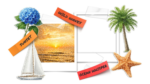 Vector trendy paper cutout summer elements and vintage empty photo frame template, stickers on transparent background. Modern collage template with stipple effect for collage, poster, banner, cover de