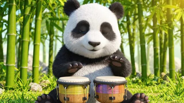 Cute cartoon panda playing colorful bongos in bamboo forest