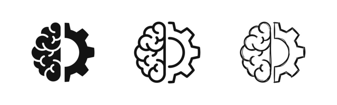 Brain and gear icon set. Artificial intelligence, logic and mechanical engineering symbol in three styles.