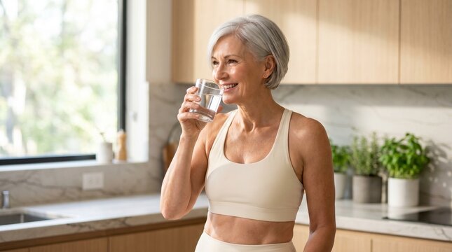 Casual photo of a smiling fit mature woman with silver hair in activewear drinking a glass of fresh water in a bright modern kitchen. Active aging, hydration, and healthy wellness lifestyle concept.