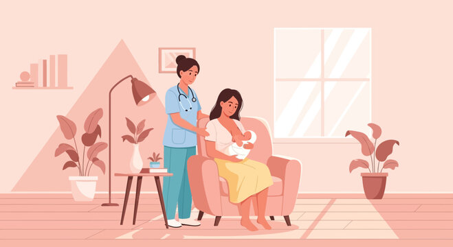 Nurse helping mother breastfeed baby in cozy home interior