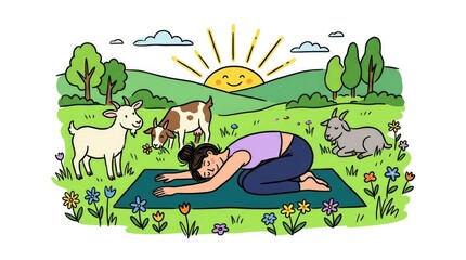Fototapeta premium Woman practicing yoga in nature with goats at sunrise, fun outdoor activity for mindfulness and fitness in a vibrant landscape background