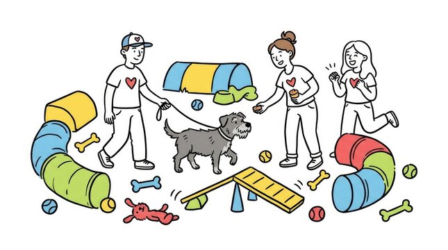 Teamwork and pet training: group assists dog on fun obstacle course for enthusiastic canine activity and skills development