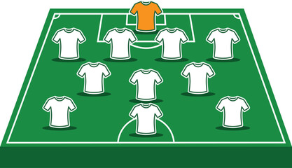 Top-down view of a soccer field showcasing a strategic player formation with eleven team jerseys, including a goalkeeper, ideal for coaching, tactical planning, and match analysis © IMadePalguna