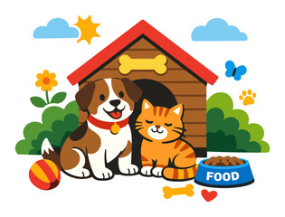 Fototapeta premium Cute dog and cat cartoon characters sharing a home, symbolizing pet companionship, animal welfare, and joyful domestic life