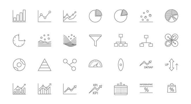 Data visualization and analytics icons for charts, graphs, and statistics including pie charts, bar graphs, and data analysis tools on white background.