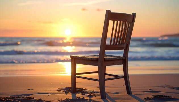 Chair on beach at sunset