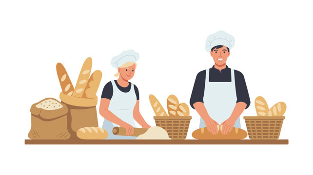 Two professional bakers wearing white hats work together to knead dough and prepare baguettes near rustic woven baskets filled with freshly baked bread on a table.