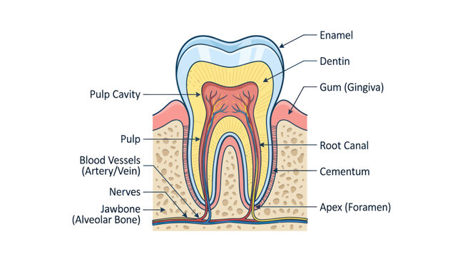 Human Tooth Anatomy Diagram: Enamel, Dentin, Pulp, Root Canal, Jawbone