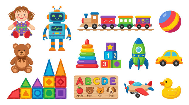 Collection of colorful children's toys: doll, robot, train, blocks, teddy bear, plane