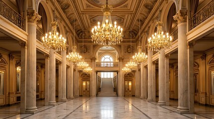 Obraz premium Grand luxury ballroom interior with marble columns and crystal chandeliers