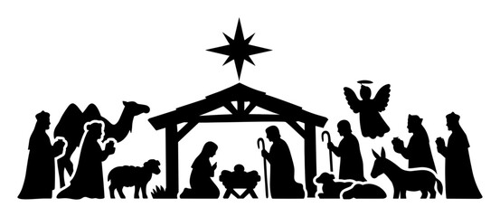 Obraz premium Nativity scene silhouette symbolizing Christmas and the birth of Christ, with the Star of Bethlehem shining above the stable
