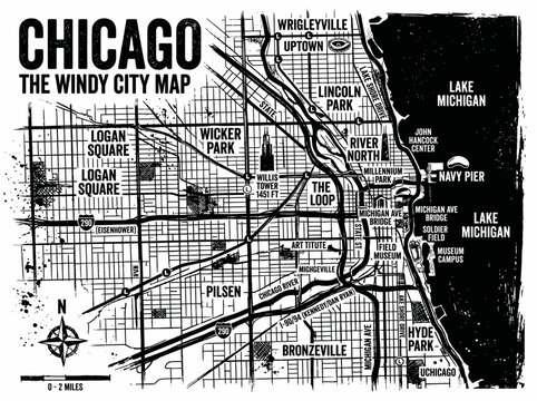 Stylized black and white vector map of chicago city